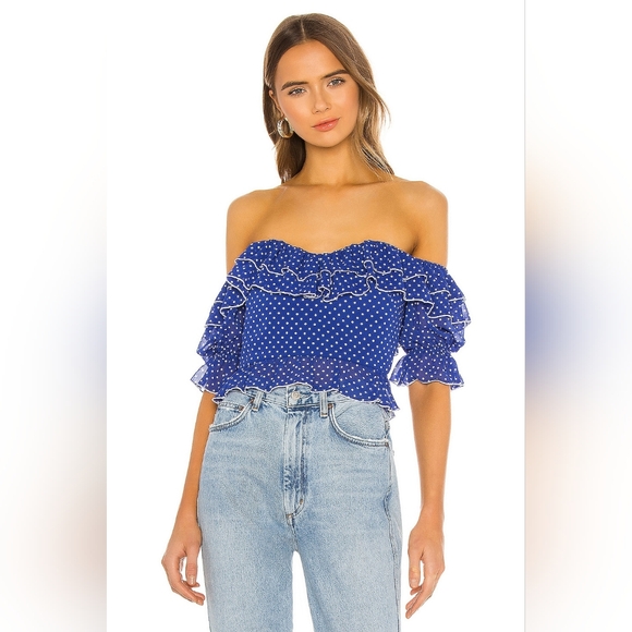 REVOLVE Tops - Revolve Lovers + Friends Reid Polka Dot Off The Shoulder Faux Corset Shirt Sz S